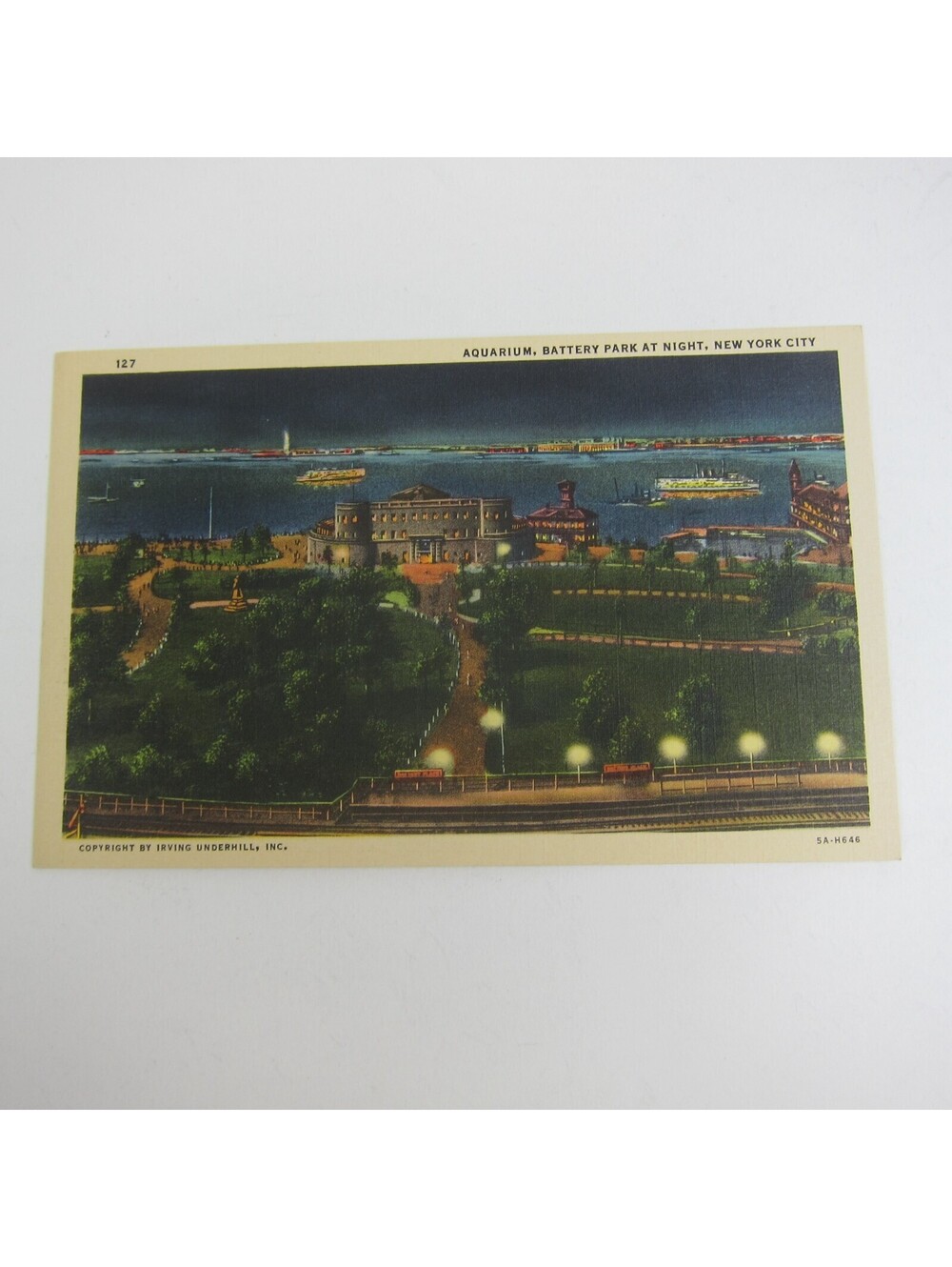 Linen Postcard New York City Aquarium Battery Park at Night Vintage Unposted
